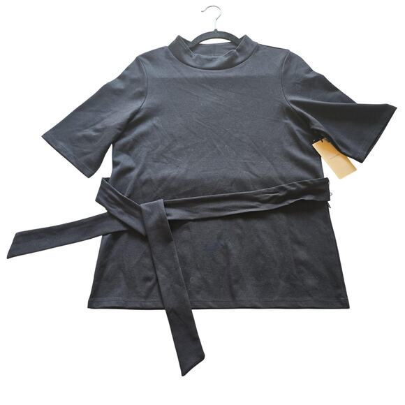 Halogen Shirt Womens Small Black Belted Mock Neck Short Sleeve Top Nordstrom NEW - Picture 1 of 11